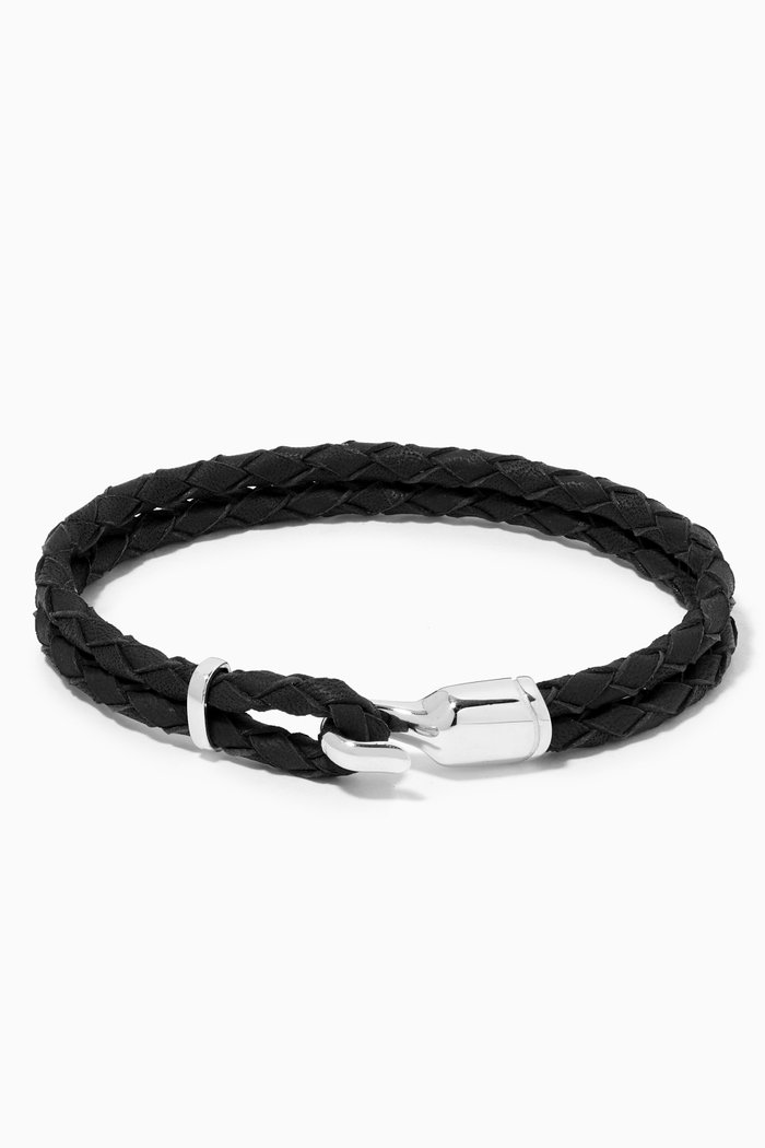 Single Trice Leather Bracelet in Sterling Silver, Black