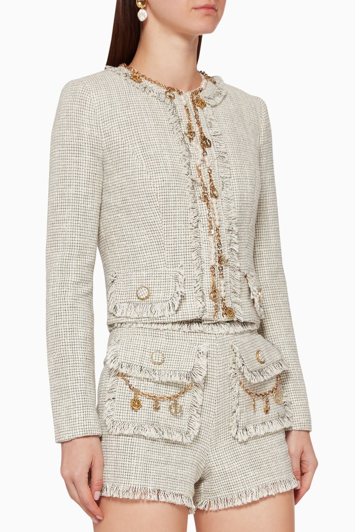 

Chain Appliqué Tweed Jacket, White