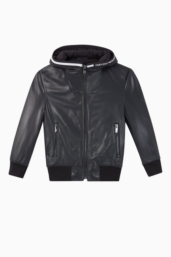 

EA Tape Hooded Leather Bomber Jacket, Blue