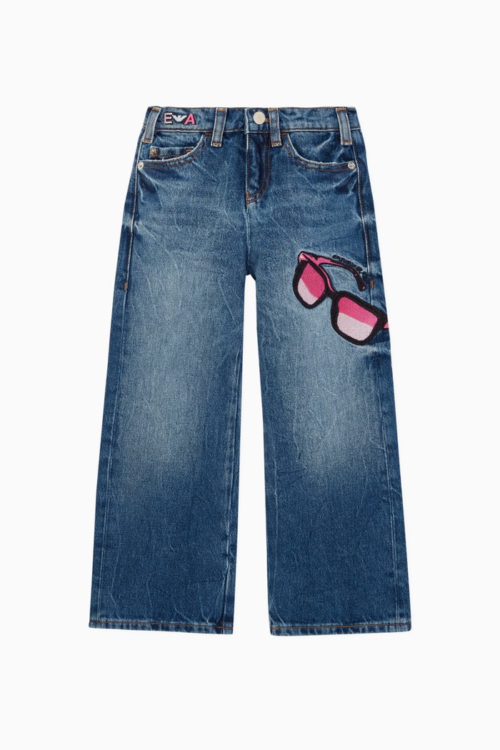 

Embroidered Sunglasses Wide Leg Denim Jeans, Blue