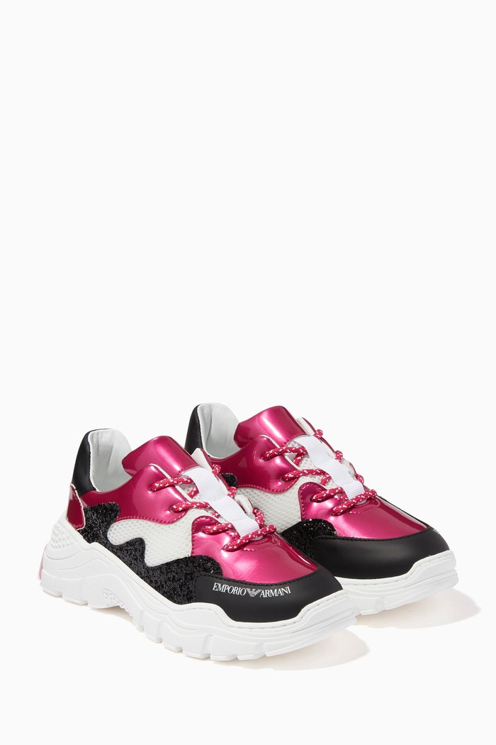 Glitter Lace-Up Sneakers in Calf Leather, Pink