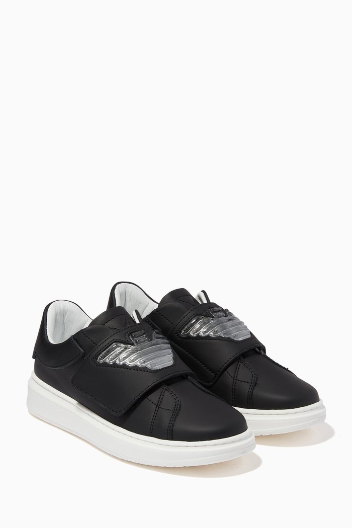 

Macro Eagle Logo Velcro Sneakers in Calf Leather, Black