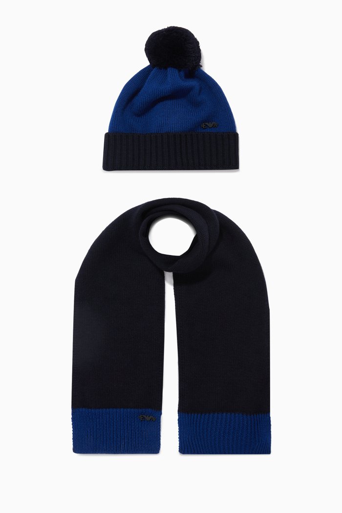 

EA Micro Colour Block Hat & Scarf Set in Wool, Blue