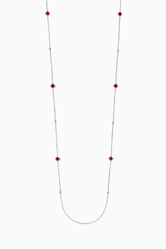 

Cleo Long Chain Frisky Red Agate & Diamond Necklace in 18kt White Gold, Silver