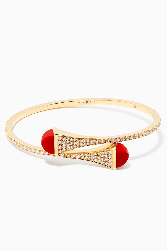

Cleo Statement Red Coral & Diamond Bangle in 18kt Yellow Gold