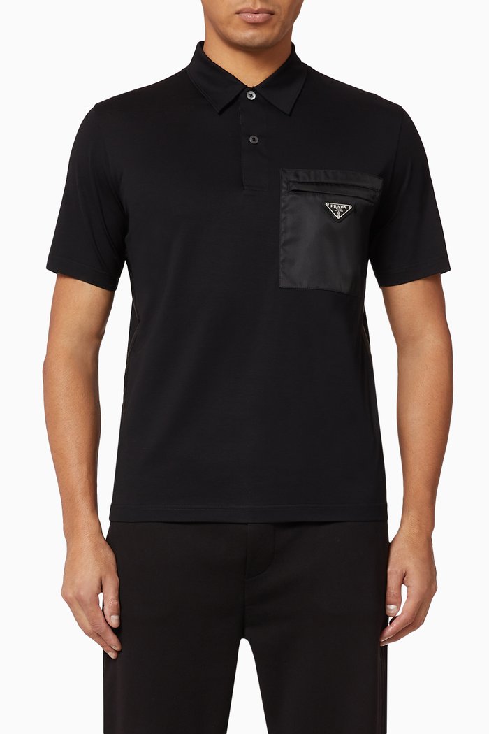 Triangle Logo Nylon Detail Stretch Cotton Polo, Black