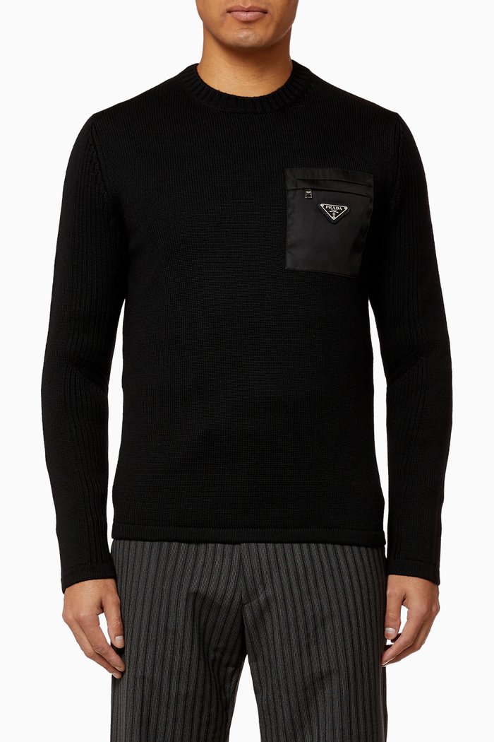 

Triangle Logo Nylon Pocket Wool Sweater, Black