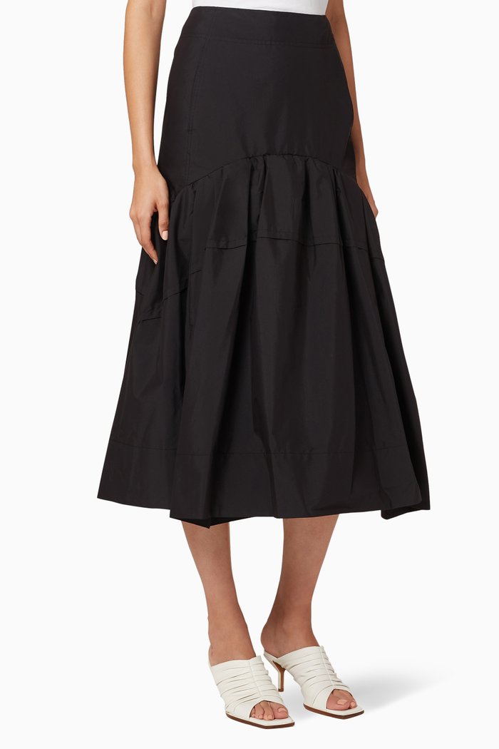 

Shirred Cotton Midi Skirt, Black