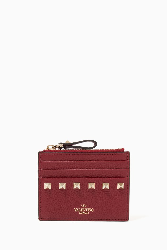

Valentino Garavani Rockstud Card Holder in Leather, Burgundy