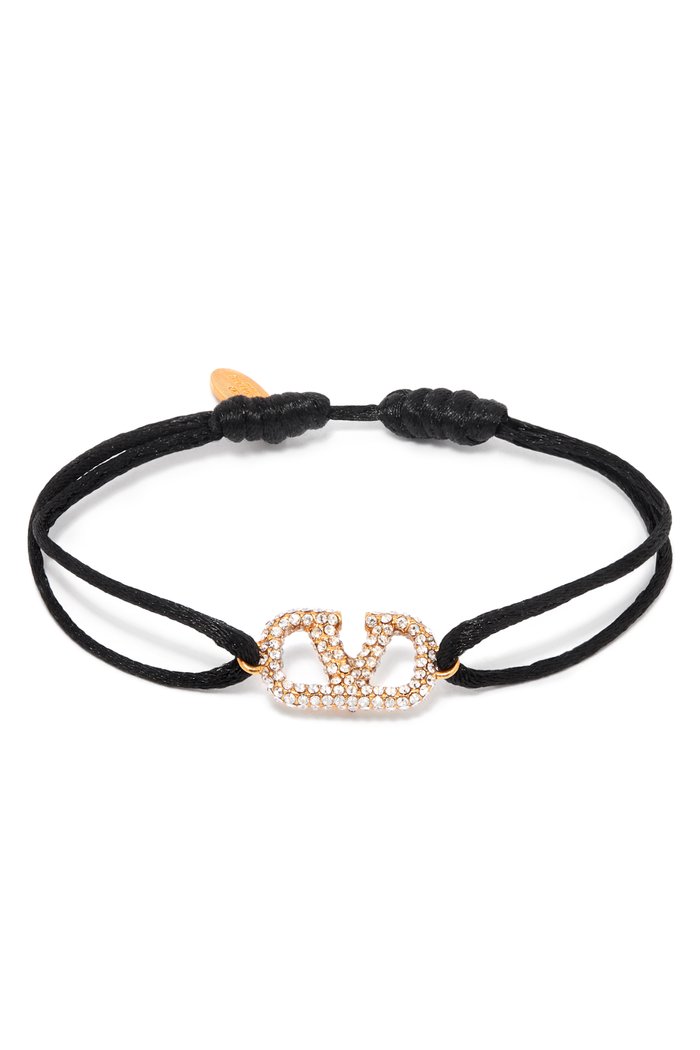 

Valentino Garavani VLOGO Bracelet in Cotton & Crystal, Black