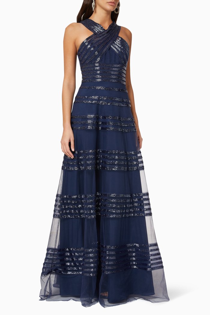 

Halter Neck Embellished Gown, Blue