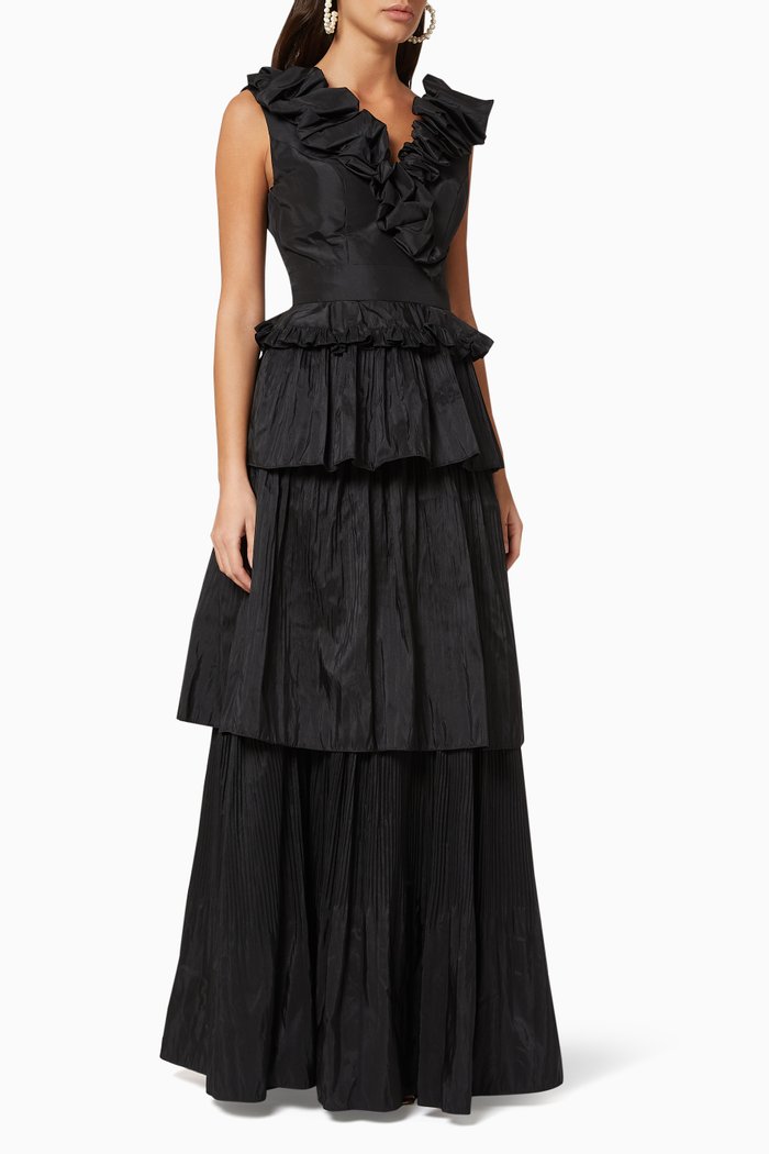 

Ruffled V-Neckline Gown, Black