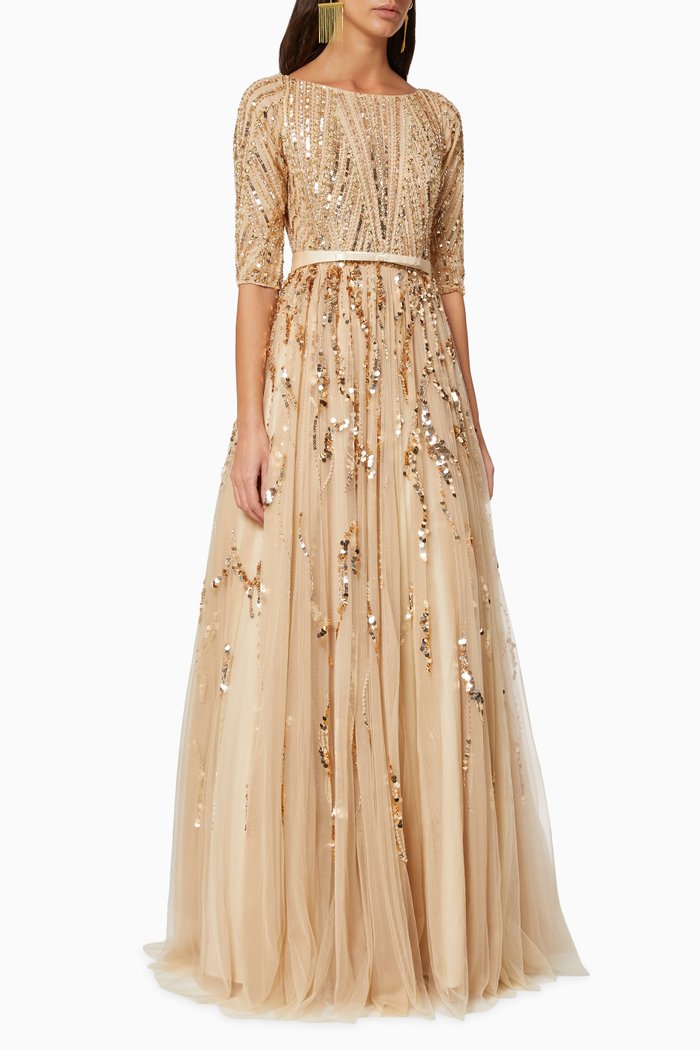 

Sequin Embellished Belted Gown, Neutral