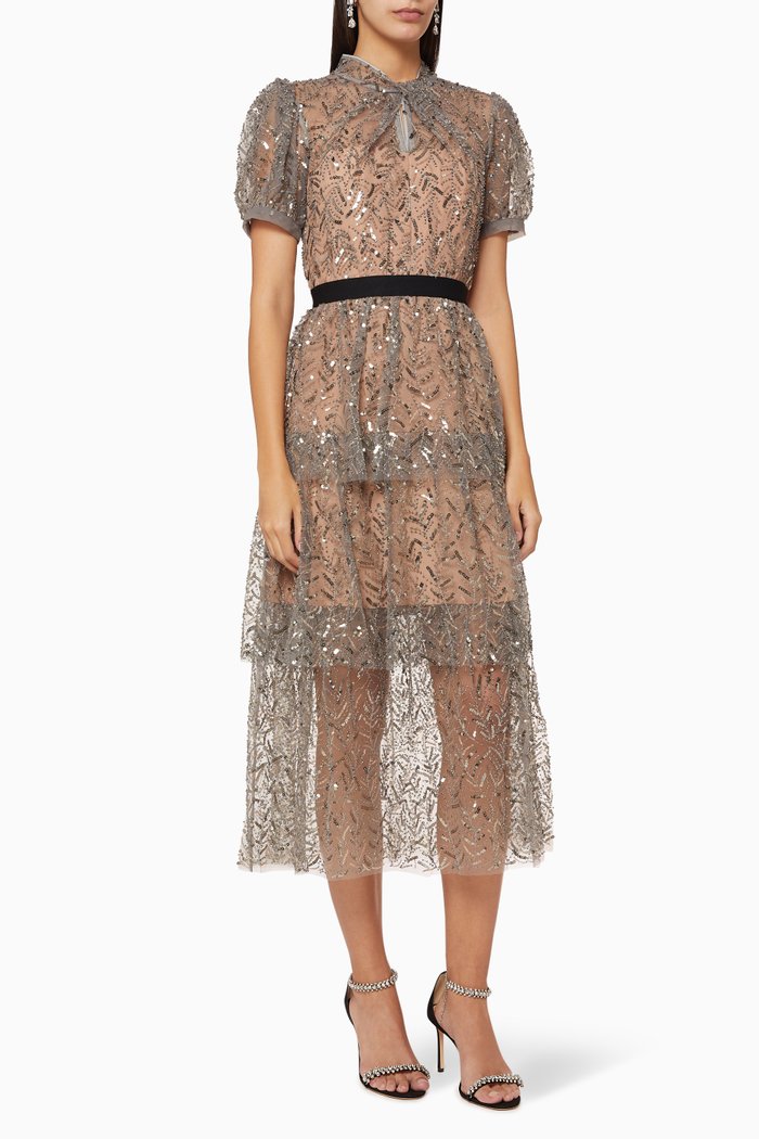 Leaf Sequin Midi Dress, Silver