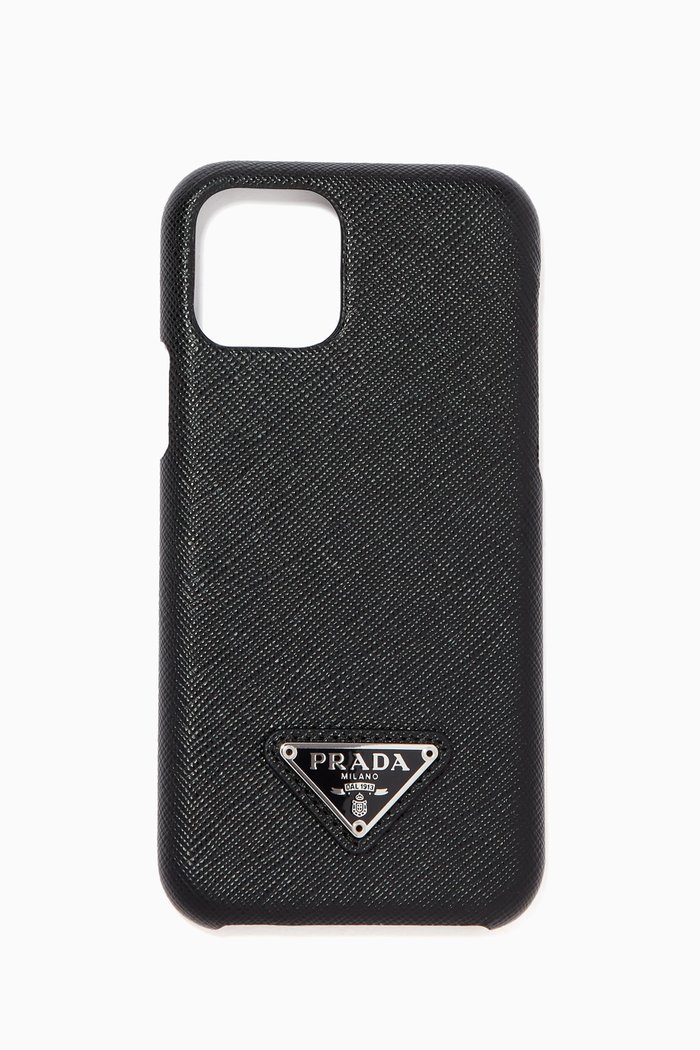 

Triangle Logo iPhone 11 Pro Cover in Saffiano Leather, Black