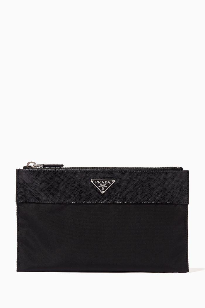 

Small Triangle Logo Pouch in Nylon & Saffiano Leather, Black