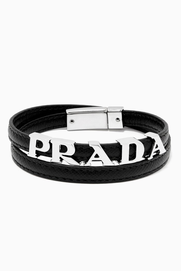 

Logo Lettering Double Wrap Bracelet in Saffiano Leather, Black