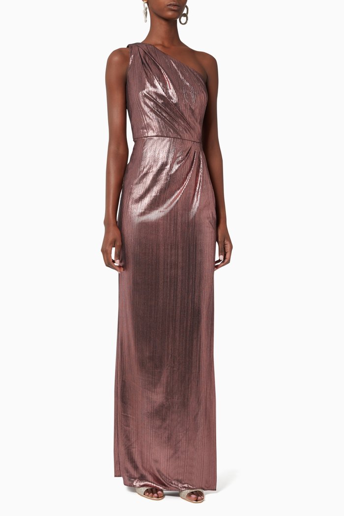 

One-Shoulder Lamé Gown, Metallic