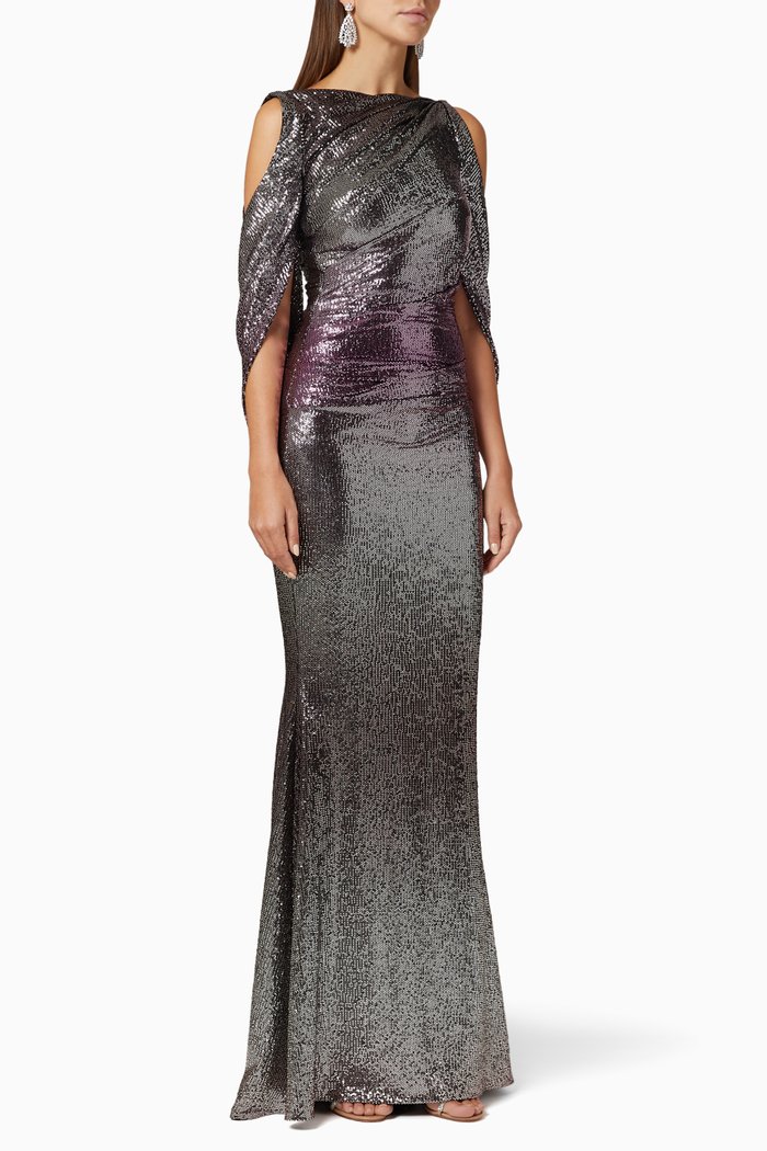 

Sequin Embellished Cape Gown, Purple