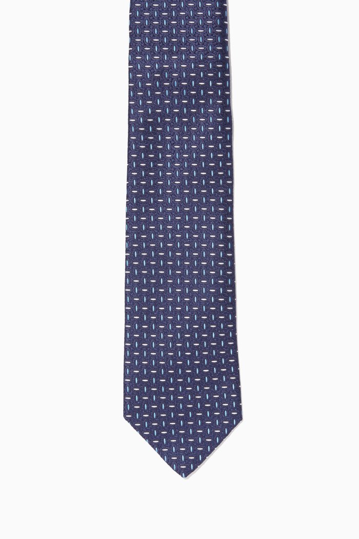 

Geometric Print Silk Tie, Blue