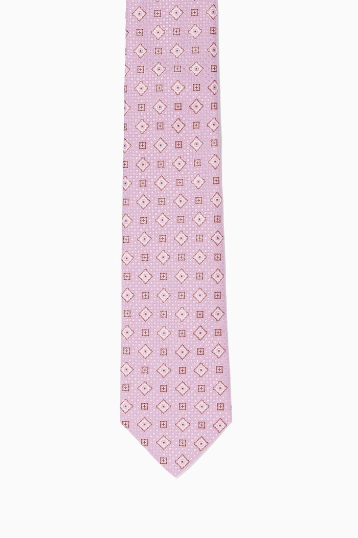 

Geometric Square Print Silk Tie, Pink