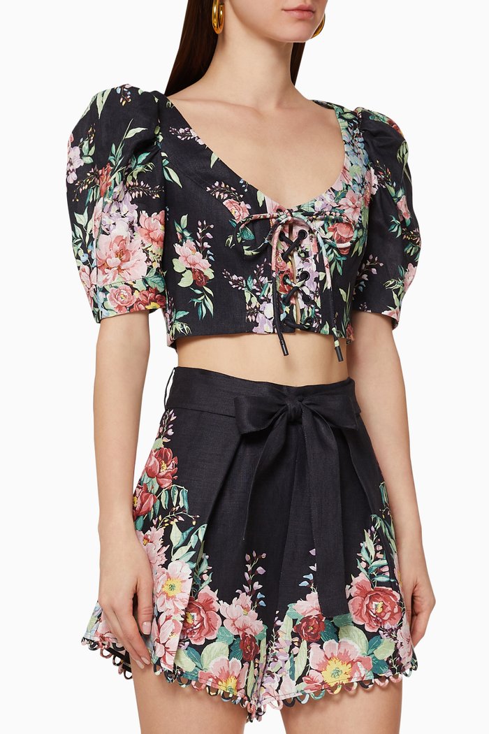 

Bellitude Floral Linen Crop Top, Blue