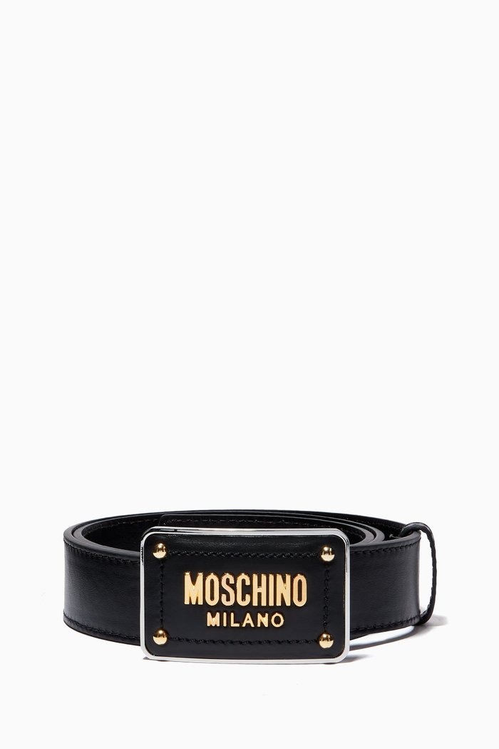 

Logo Buckle Belt in Leather, Black