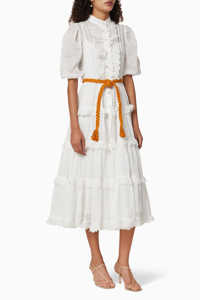 

Amelie Scallop Frill Ramie Dress, Neutral