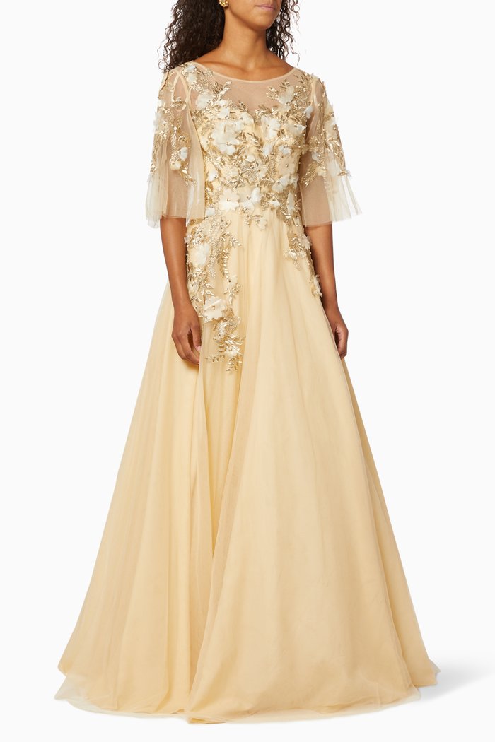 Floral Appliqué Tulle Gown, Neutral