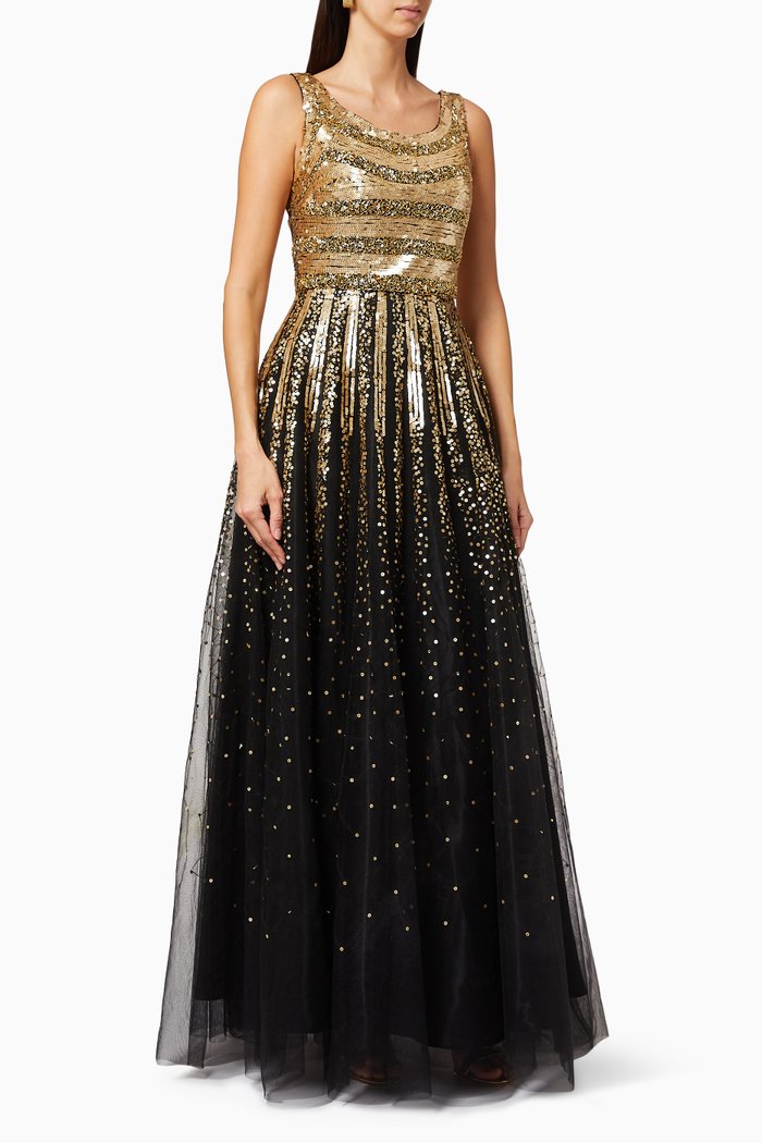 Sequin Embellished Tulle Gown, Gold
