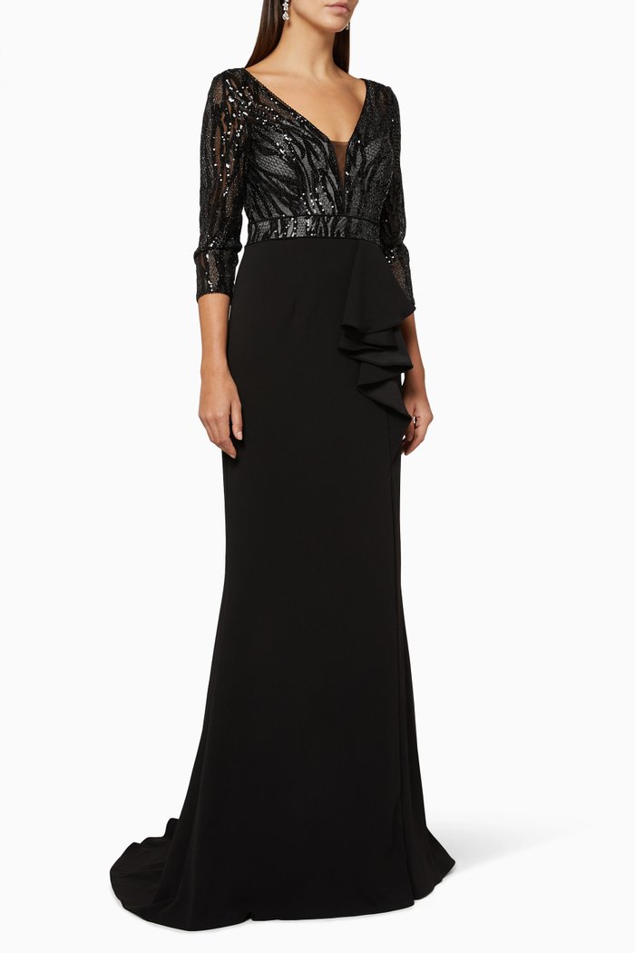 

Sequin Frill Embellished Gown, Black