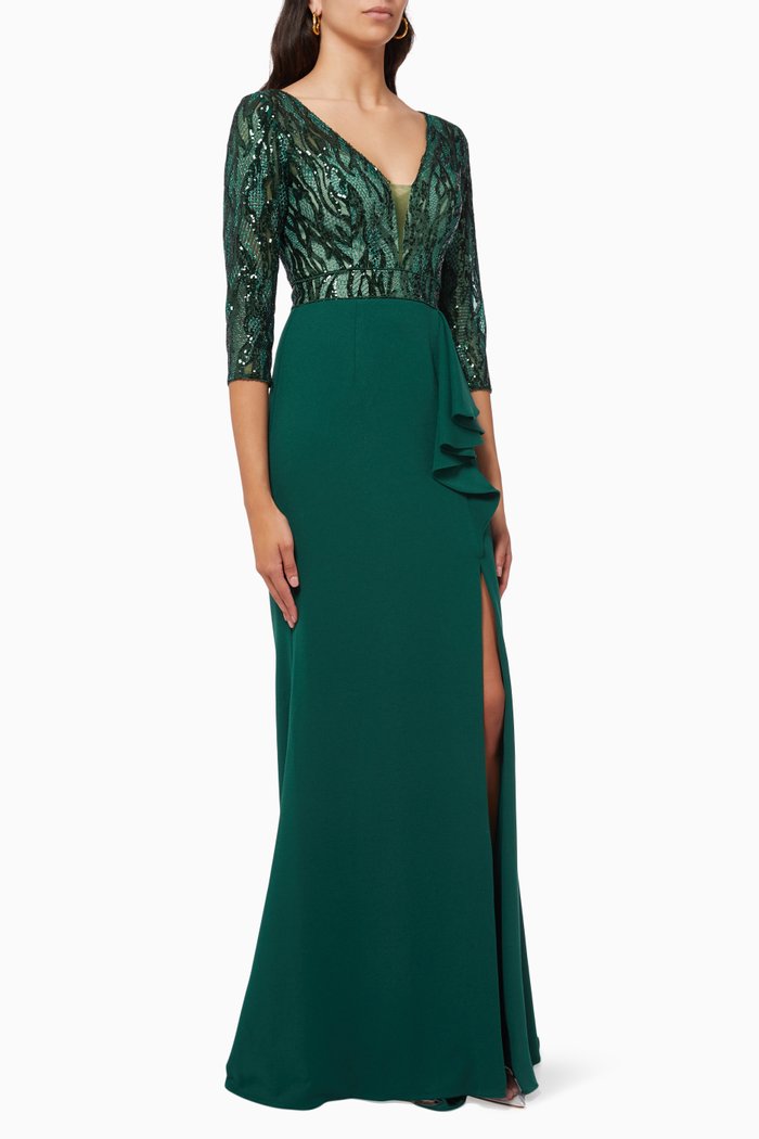 

Sequin Frill Embellished Gown, Green