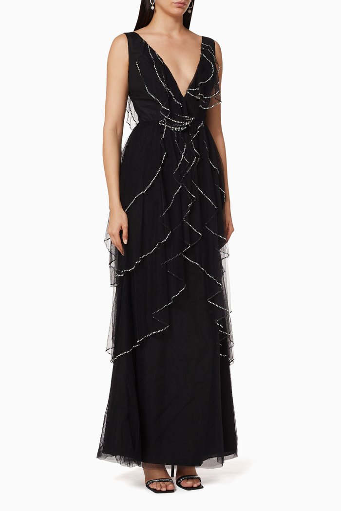 Embellished Ruffled Gown, Black