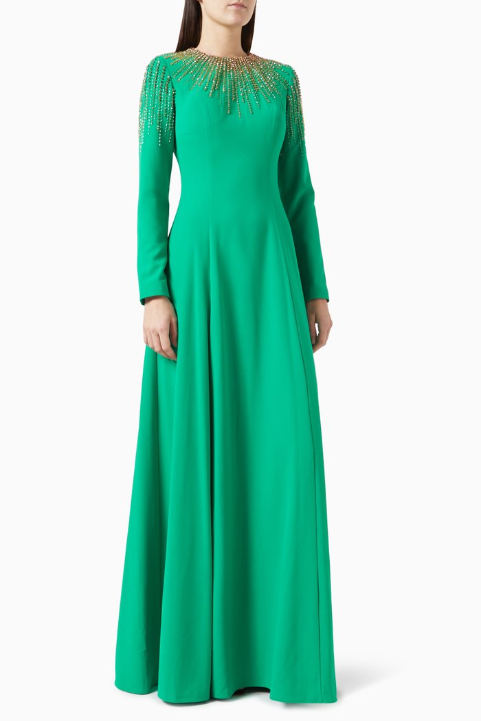 

Bead Embellished Maxi Gown in Crepe, Green