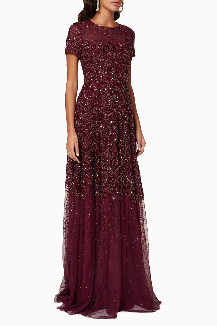 Sequin Embellished Tulle Gown, Red