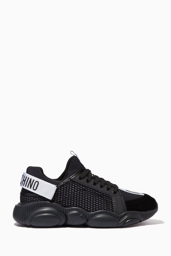 

Teddy Logo Strap Sneakers in Calfskin & Mesh, Black
