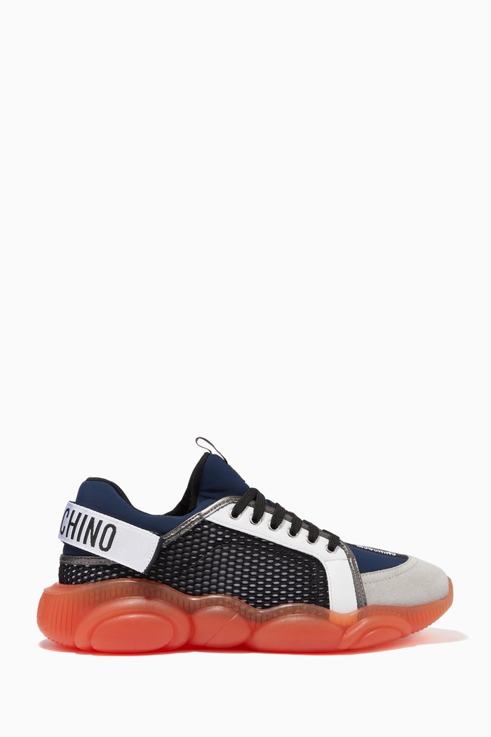 Teddy Logo Strap Sneakers in PU Leather & Mesh, Multicolour