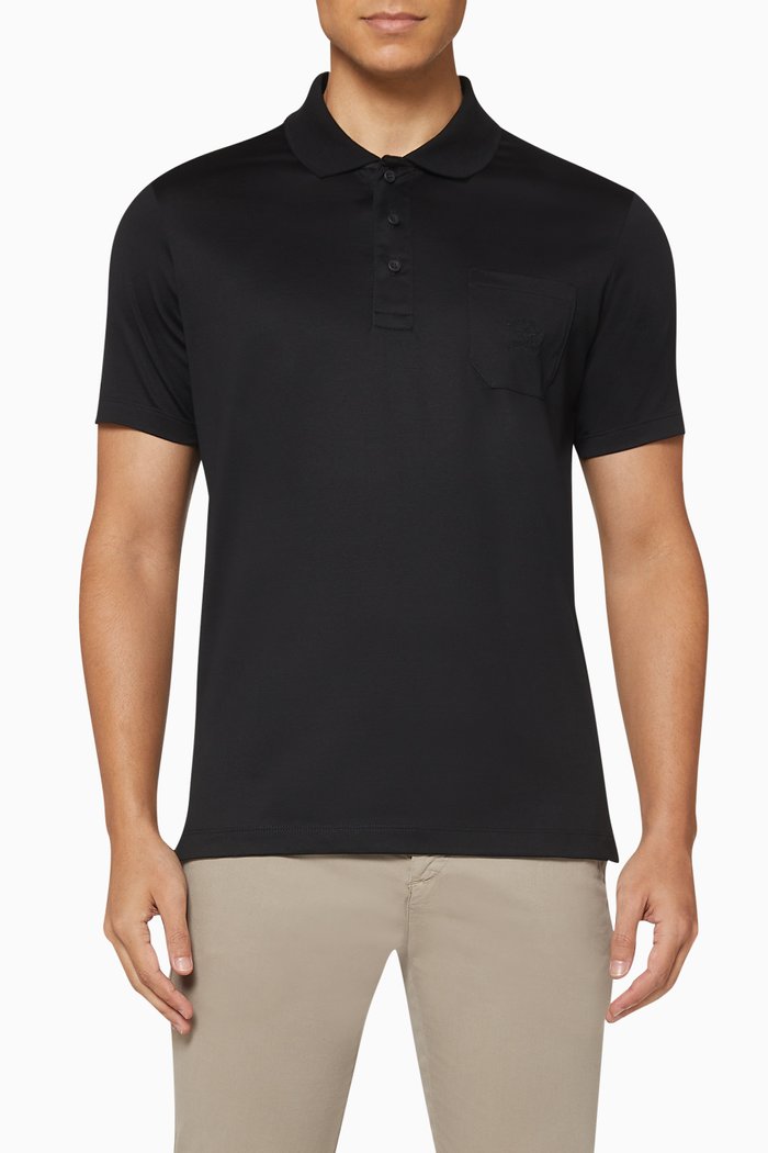 

Embroidered Pocket Pique Cotton Polo T-Shirt, Black