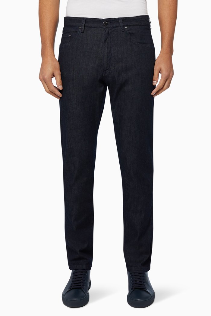 

Cotton Stretch Straight-Fit Jeans, Blue