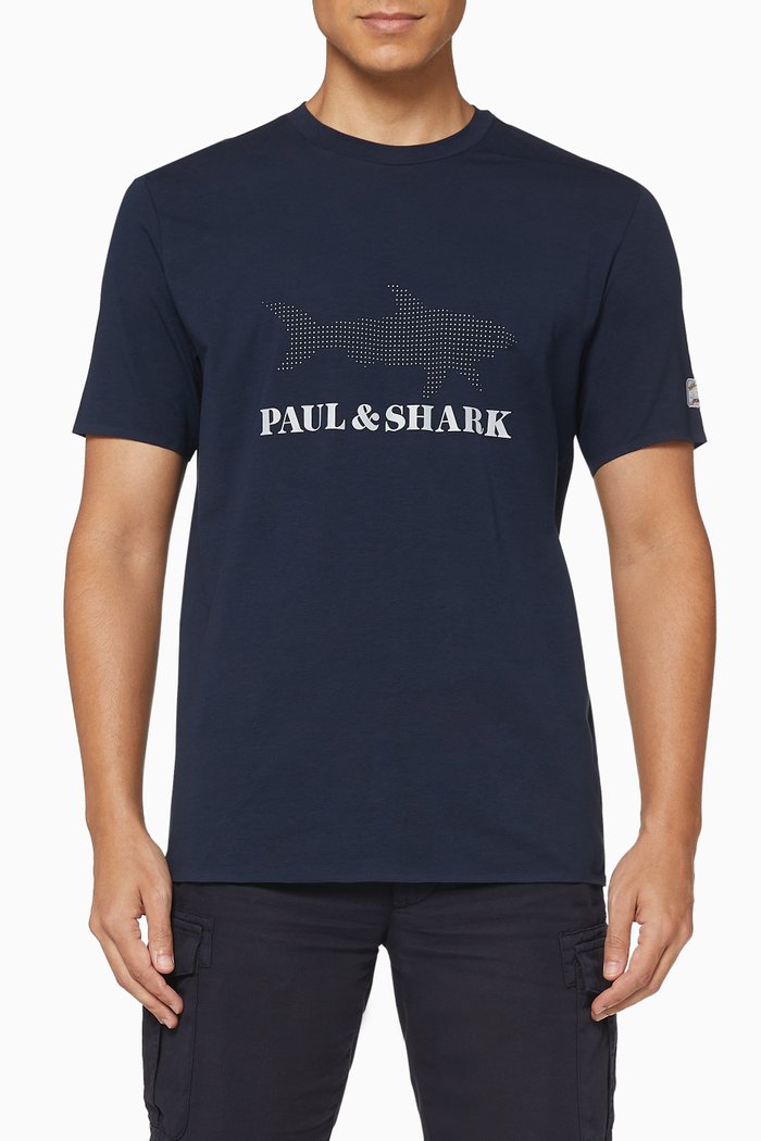 

Printed Shark Logo Cotton T-Shirt, Blue
