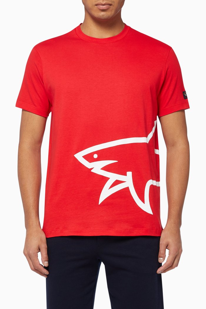 Printed Shark Logo Cotton T-Shirt, Red