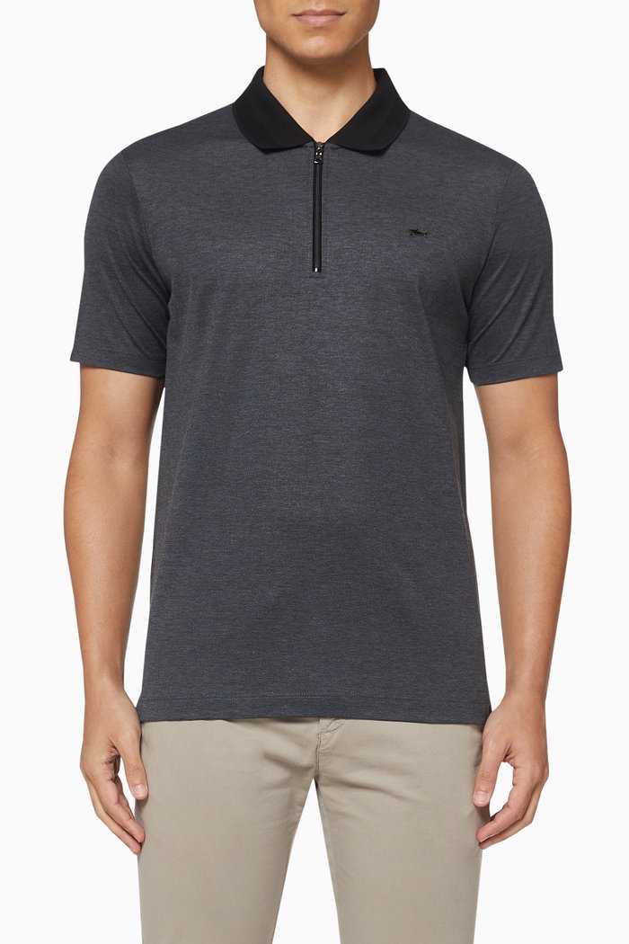 

Quarter-Zip Pique Cotton Polo T-Shirt, Grey