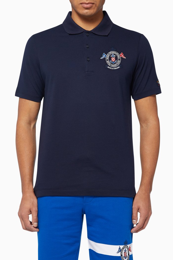 

Embroidered-Badge Pique Cotton Polo T-Shirt, Blue