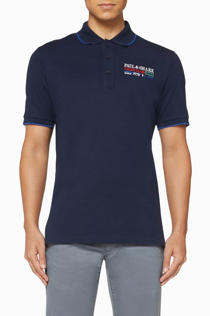 Embroidered- Badge Pique Cotton Polo T-Shirt, Blue