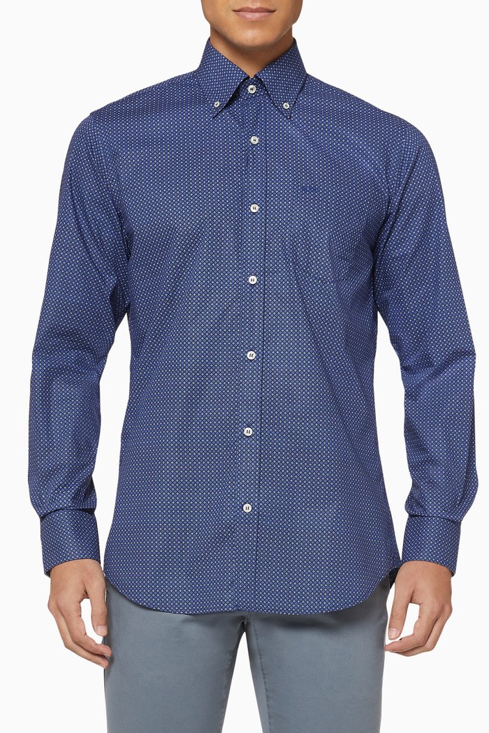 All-Over Printed Shark Logo Cotton Shirt, Blue