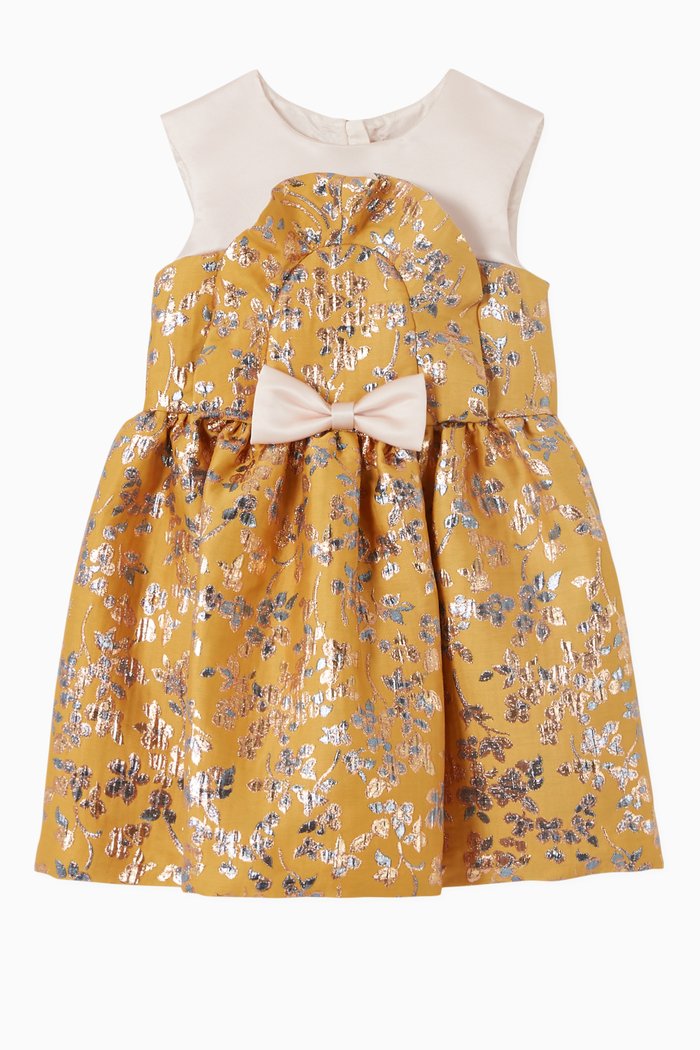 

Jacquard Ruffle Bib Bodice Dress, Yellow