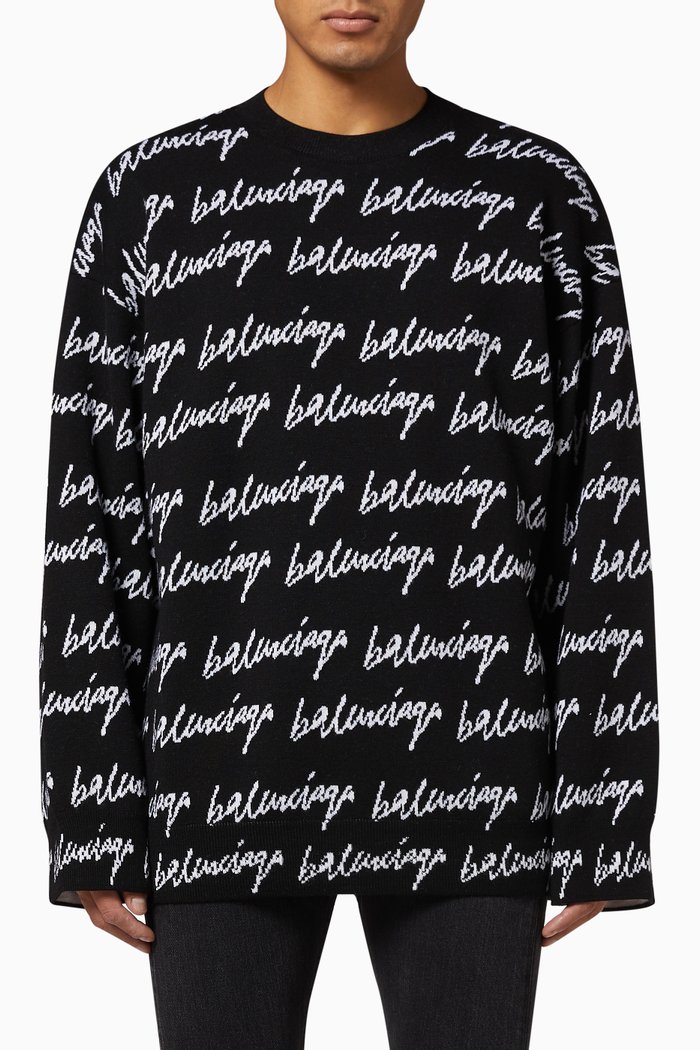 Crewneck in Scribble Jacquard Knit, Black