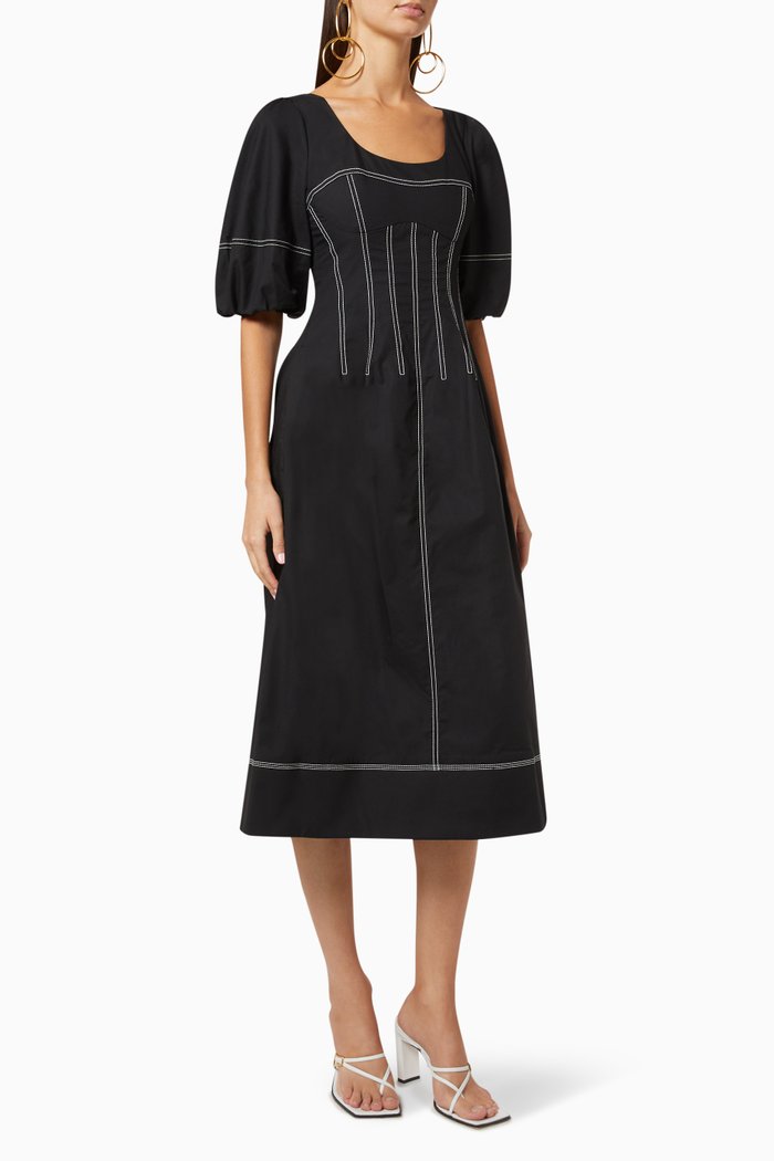 

Lena Contrast Stitch Puff Sleeve Midi Dress, Black