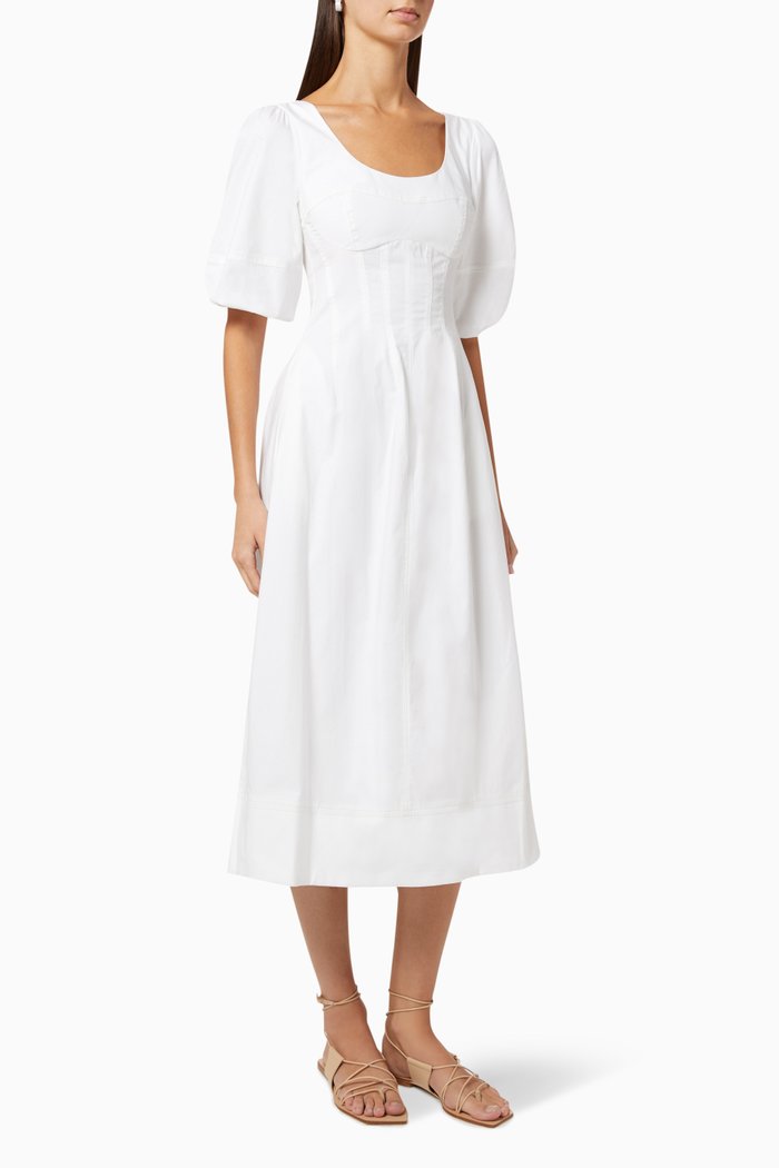 

Lena Contrast Stitch Puff Sleeve Midi Dress, White