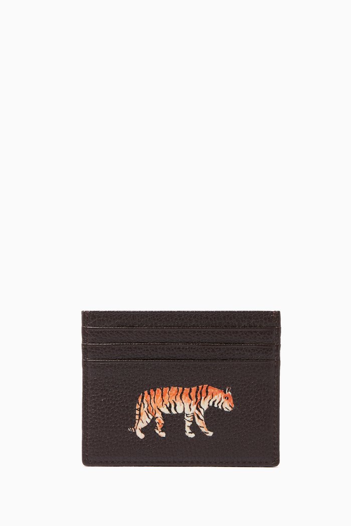 

Tiger Print Leather Card Holder, Brown